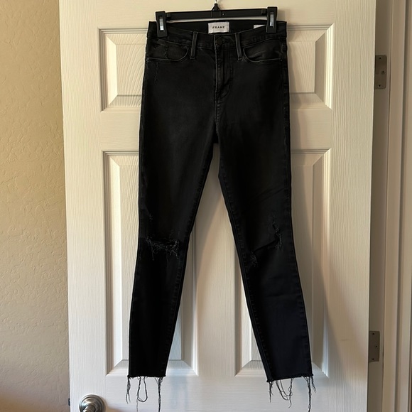 Frame Le High Skinny Crop Distressed Washed Black Sz 26 - Picture 6 of 11